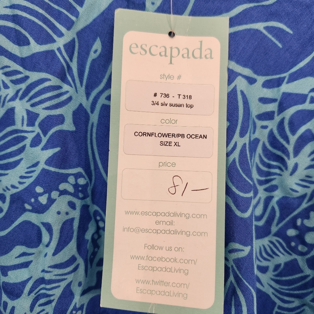 Escapada 3/4 sleeve Susan top in the color cornflower/PB ocean, size XL - Picture 4 of 8
